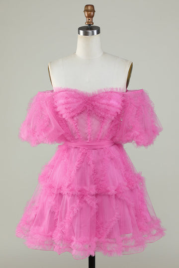 Cute A Line Off the Shoulder Pink Tulle Graduation Dress